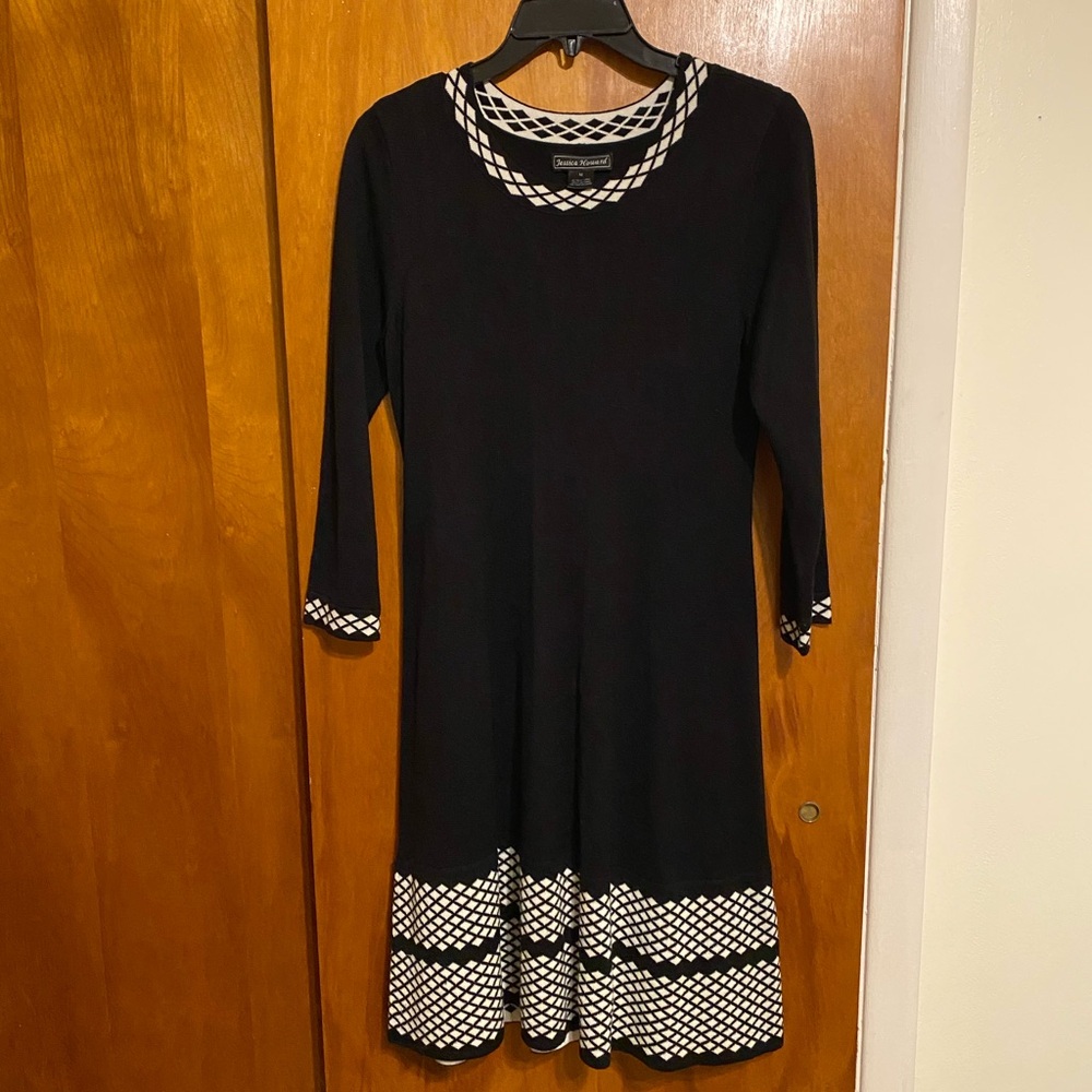 Jessica Howard Black Dress with White Geometric Accents, Classic Basic, Women, M